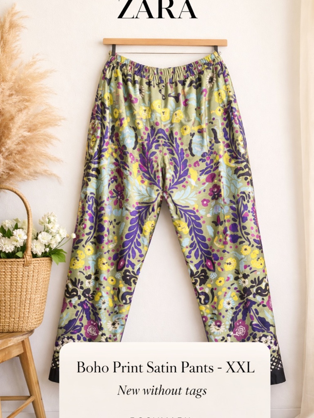 ZARA Multicolor Satin Elastic-Waist Printed Pants - Green, Purple, Yellow, Black
